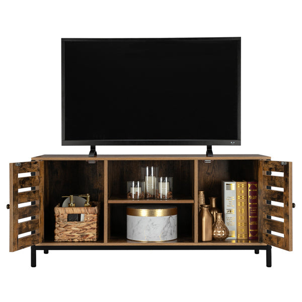 HODELY Retro Brown Industrial Style Indoor Living Room Louver Shape Double Door Double Shelf TV Cabinet