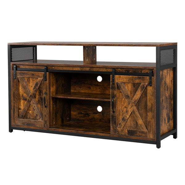 FCH 3-layer Double Barn Door with Sliding Rail X-shaped Panel TV Cabinet MDF