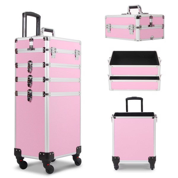 4 in 1 Rolling Makeup Case Makeup Trolley Case With Wheels Makeup Travel Case Organizer (PINK) - Cosmetic Lockable Trolley - Nail Artist Travel Train Organizer Box
