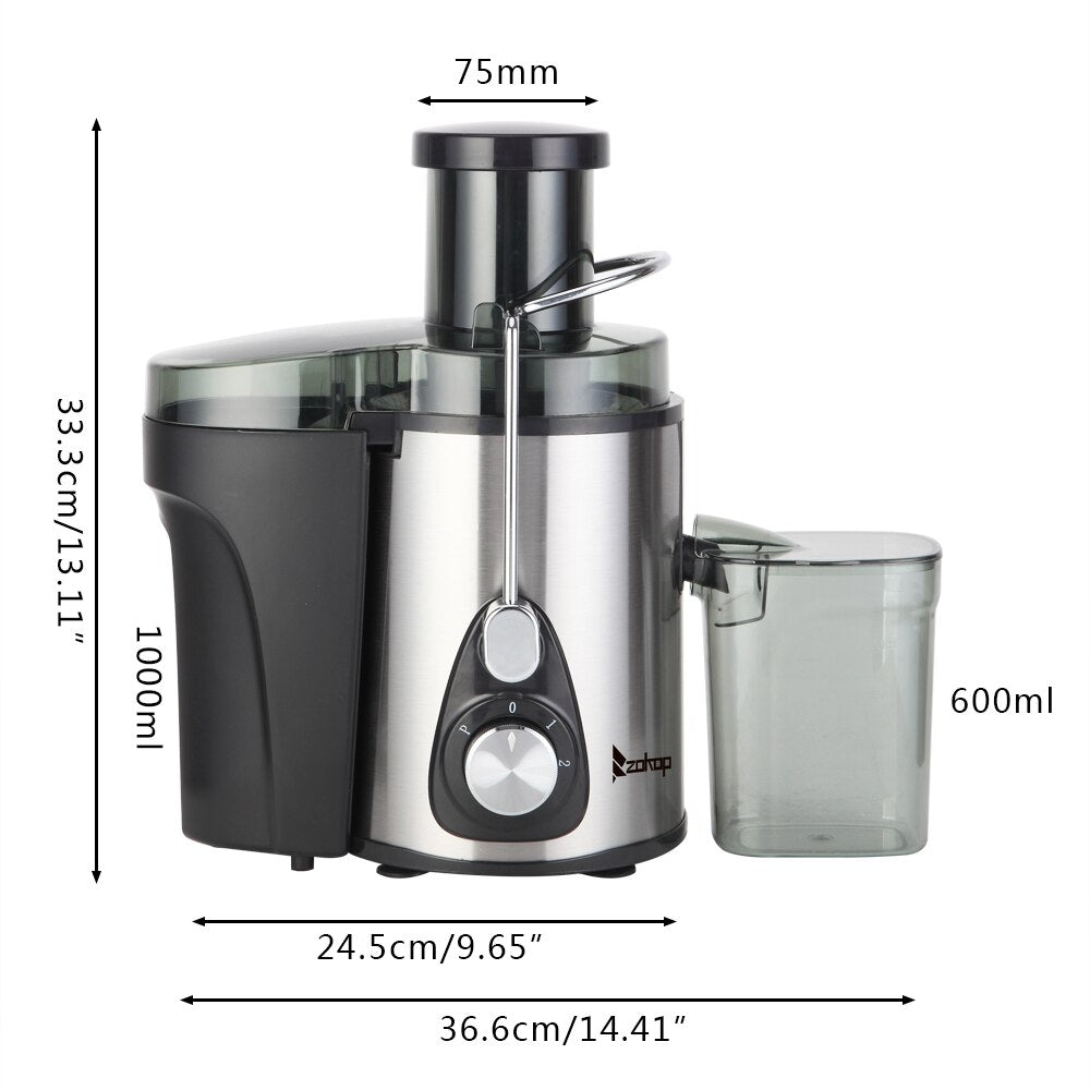 ZOKOP American Standard - Double Gear Electric Juicer Stainless Steel - 75MM Large Caliber - 600ML Juice Cup - 1000ML Slag Cup