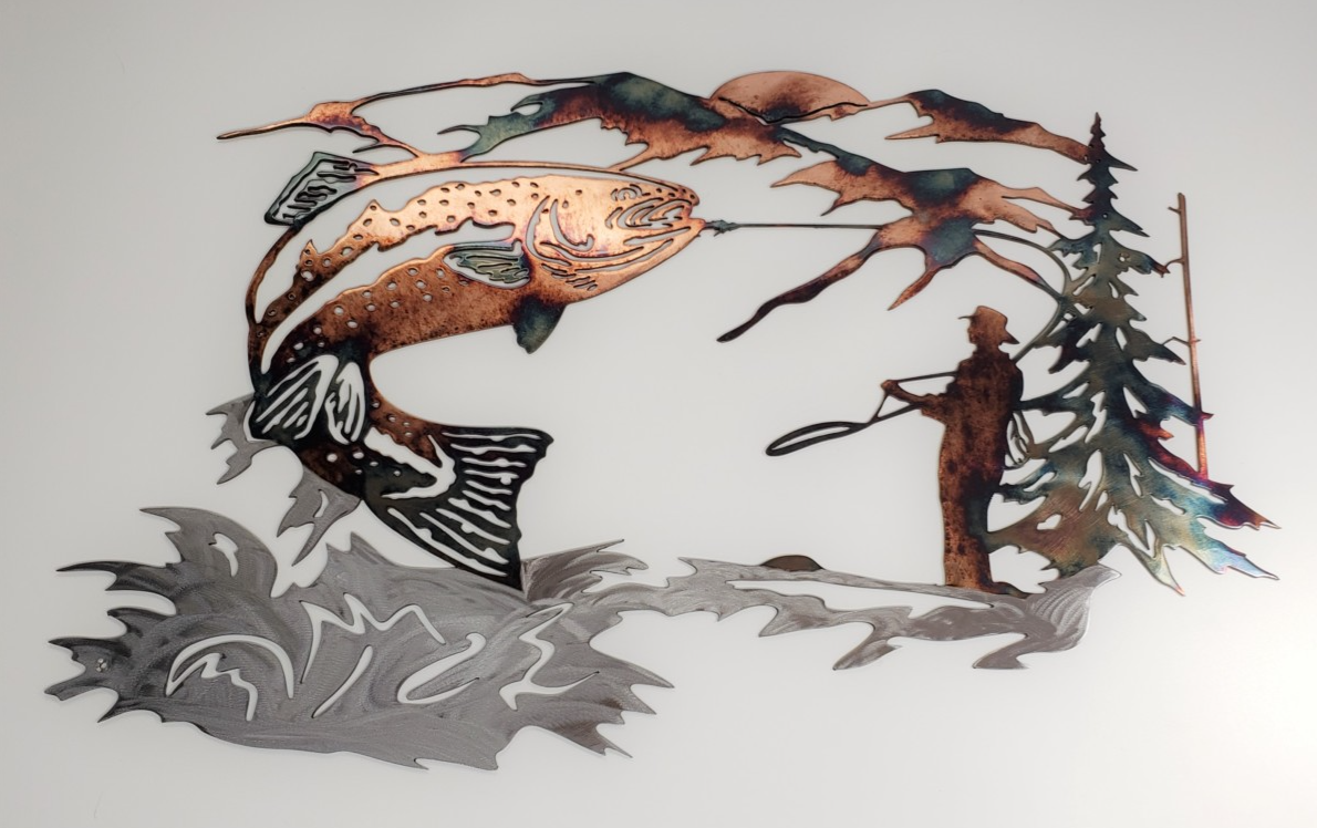 Up at Dawn Trout Fishing Scene Northwoods Metal Wall Art - Handmade Metal Wall Art - 3D Metal Rustic Wall Art Decoration