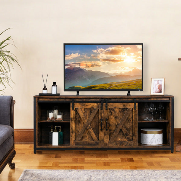 FCH 3-layer Double Barn Door with Sliding Rail X-shaped Panel TV Cabinet MDF