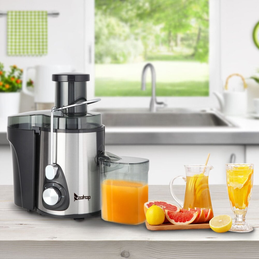 ZOKOP American Standard - Double Gear Electric Juicer Stainless Steel - 75MM Large Caliber - 600ML Juice Cup - 1000ML Slag Cup