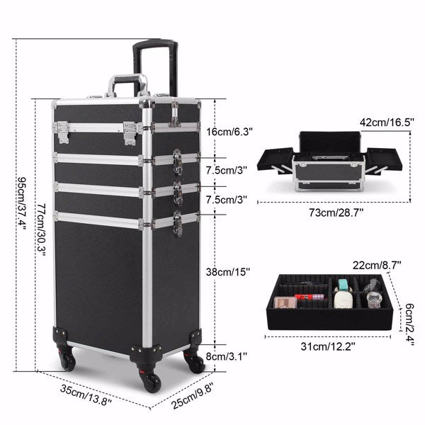 4 in 1 Rolling Makeup Case Makeup Trolley Case With Wheels Makeup Travel Case Organizer (BLACK) - Cosmetic Lockable Trolley - Nail Artist Travel Train Organizer Box
