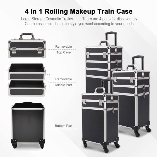 4 in 1 Rolling Makeup Case Makeup Trolley Case With Wheels Makeup Travel Case Organizer (BLACK) - Cosmetic Lockable Trolley - Nail Artist Travel Train Organizer Box