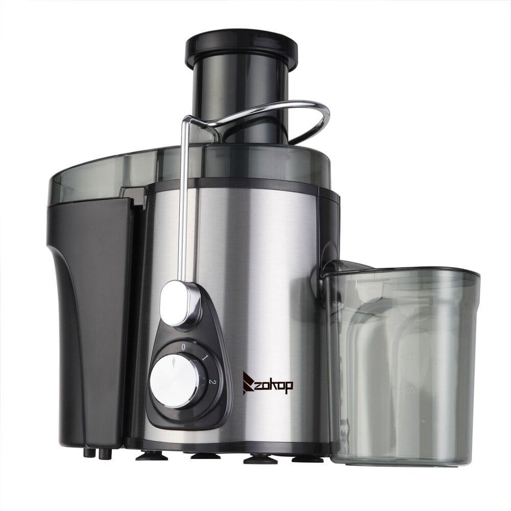 ZOKOP American Standard - Double Gear Electric Juicer Stainless Steel - 75MM Large Caliber - 600ML Juice Cup - 1000ML Slag Cup