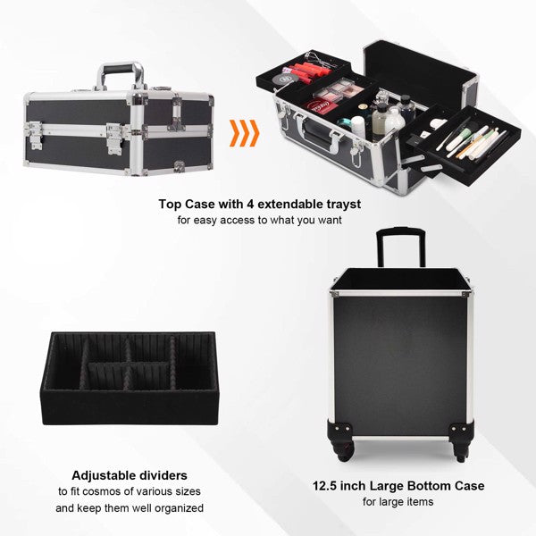 4 in 1 Rolling Makeup Case Makeup Trolley Case With Wheels Makeup Travel Case Organizer (BLACK) - Cosmetic Lockable Trolley - Nail Artist Travel Train Organizer Box