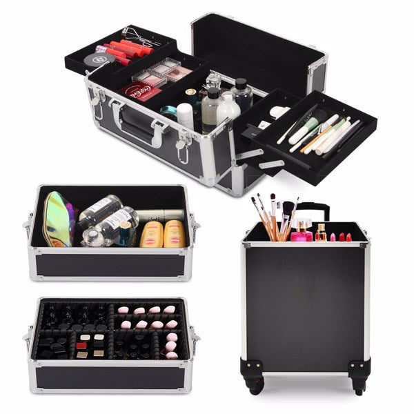 4 in 1 Rolling Makeup Case Makeup Trolley Case With Wheels Makeup Travel Case Organizer (BLACK) - Cosmetic Lockable Trolley - Nail Artist Travel Train Organizer Box