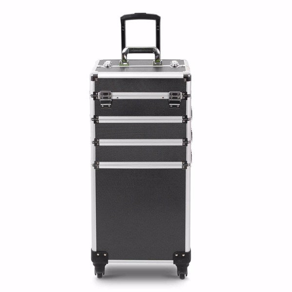 4 in 1 Rolling Makeup Case Makeup Trolley Case With Wheels Makeup Travel Case Organizer (BLACK) - Cosmetic Lockable Trolley - Nail Artist Travel Train Organizer Box