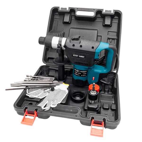1-1/2" SDS Electric Hammer Drill Set 1100W 110V Blue - Portable Hammer Drill Set - Electric Rotary Hammer Drill Set - Electric Hammer Drill