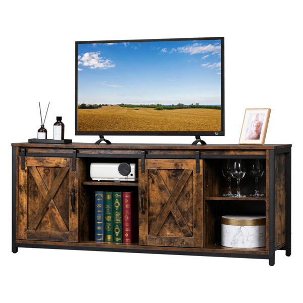 FCH 3-layer Double Barn Door with Sliding Rail X-shaped Panel TV Cabinet MDF