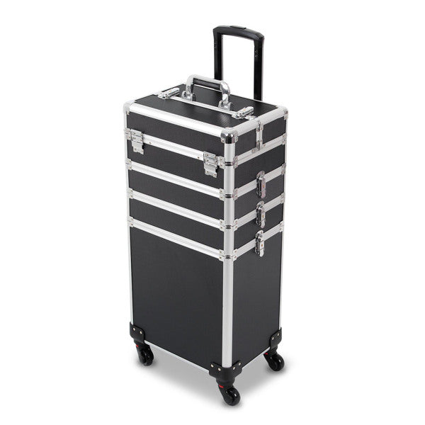 4 in 1 Rolling Makeup Case Makeup Trolley Case With Wheels Makeup Travel Case Organizer (BLACK) - Cosmetic Lockable Trolley - Nail Artist Travel Train Organizer Box