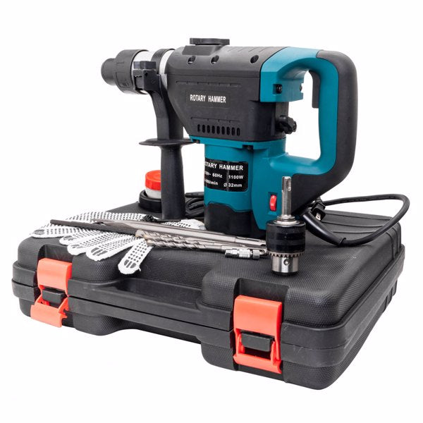 1-1/2" SDS Electric Hammer Drill Set 1100W 110V Blue - Portable Hammer Drill Set - Electric Rotary Hammer Drill Set - Electric Hammer Drill