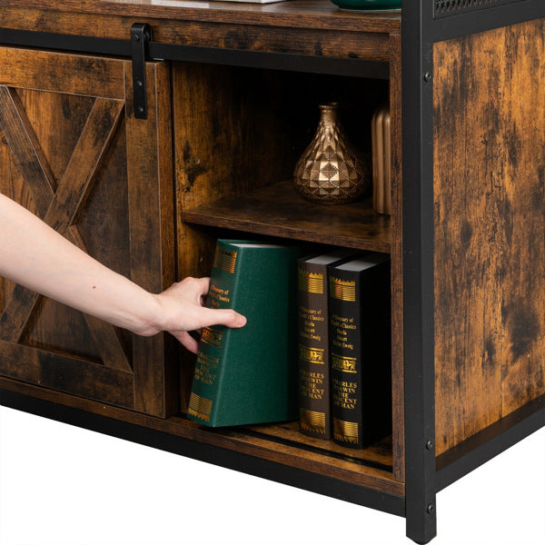 FCH 3-layer Double Barn Door with Sliding Rail X-shaped Panel TV Cabinet MDF