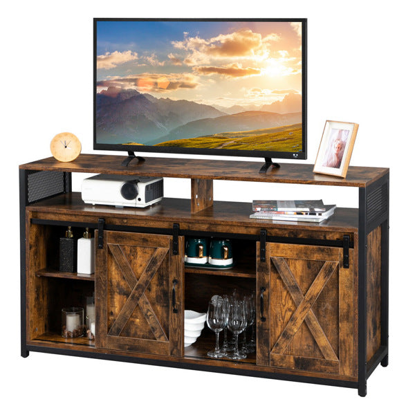 FCH 3-layer Double Barn Door with Sliding Rail X-shaped Panel TV Cabinet MDF