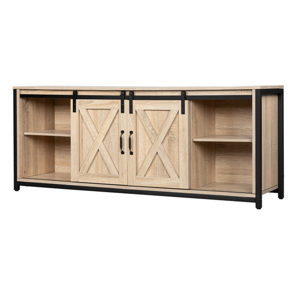 FCH 3-layer Double Barn Door with Sliding Rail X-shaped Panel TV Cabinet MDF