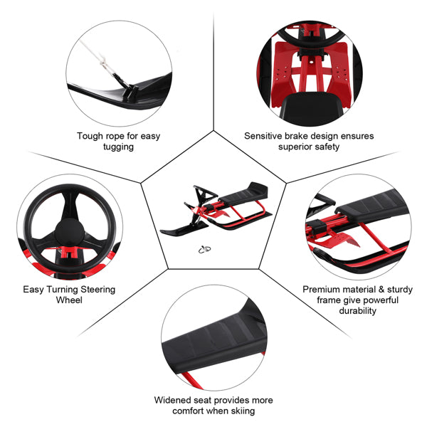 Snow Racer Sled with Steering Wheel, Pull Rope, Twin Brakes and Steel Frame – For Ages 4 and Up