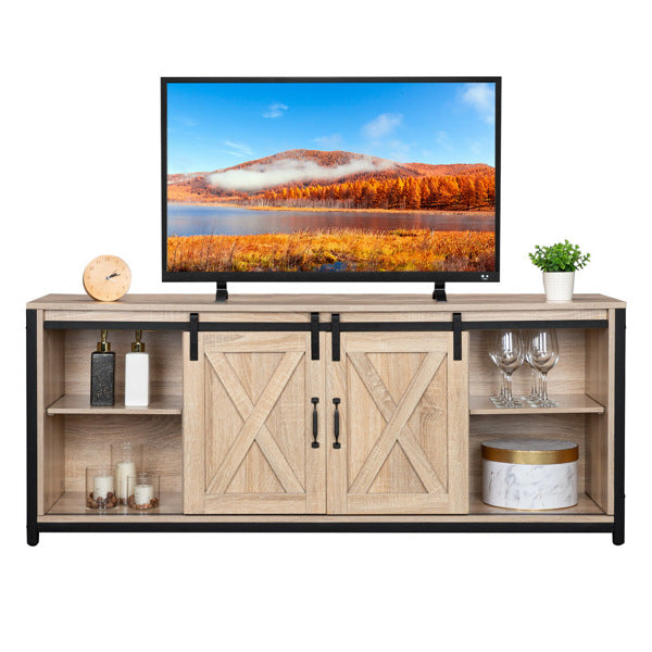 FCH 3-layer Double Barn Door with Sliding Rail X-shaped Panel TV Cabinet MDF