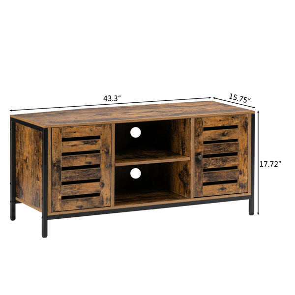 HODELY Retro Brown Industrial Style Indoor Living Room Louver Shape Double Door Double Shelf TV Cabinet