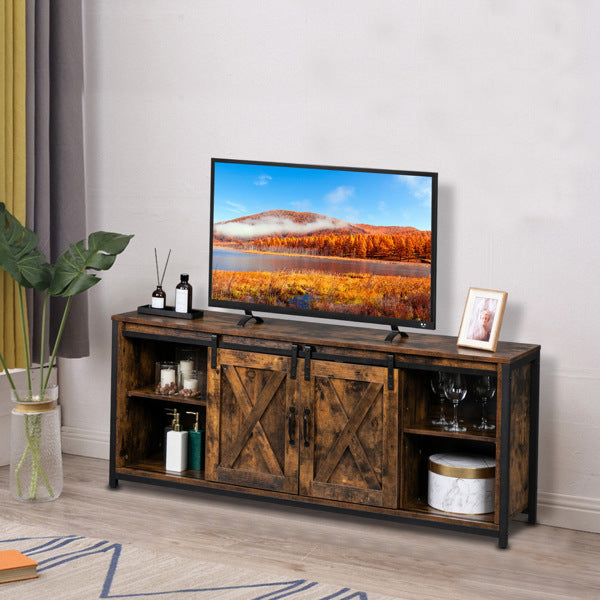 FCH 3-layer Double Barn Door with Sliding Rail X-shaped Panel TV Cabinet MDF