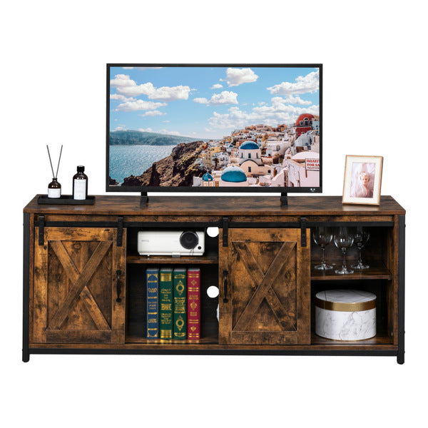 FCH 3-layer Double Barn Door with Sliding Rail X-shaped Panel TV Cabinet MDF