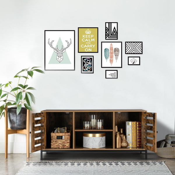 HODELY Retro Brown Industrial Style Indoor Living Room Louver Shape Double Door Double Shelf TV Cabinet