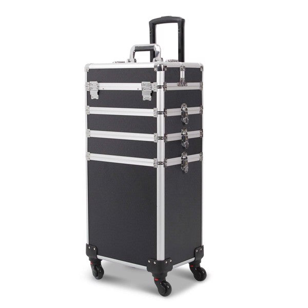 4 in 1 Rolling Makeup Case Makeup Trolley Case With Wheels Makeup Travel Case Organizer (BLACK) - Cosmetic Lockable Trolley - Nail Artist Travel Train Organizer Box