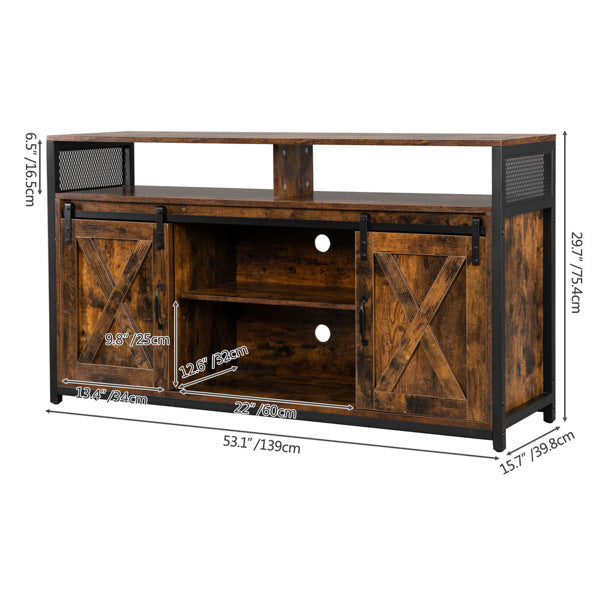 FCH 3-layer Double Barn Door with Sliding Rail X-shaped Panel TV Cabinet MDF