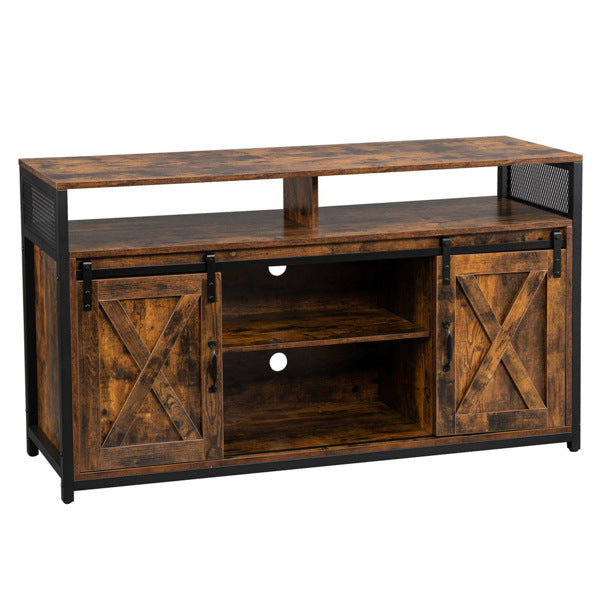 FCH 3-layer Double Barn Door with Sliding Rail X-shaped Panel TV Cabinet MDF