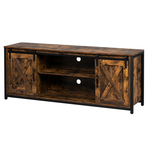 FCH 3-layer Double Barn Door with Sliding Rail X-shaped Panel TV Cabinet MDF