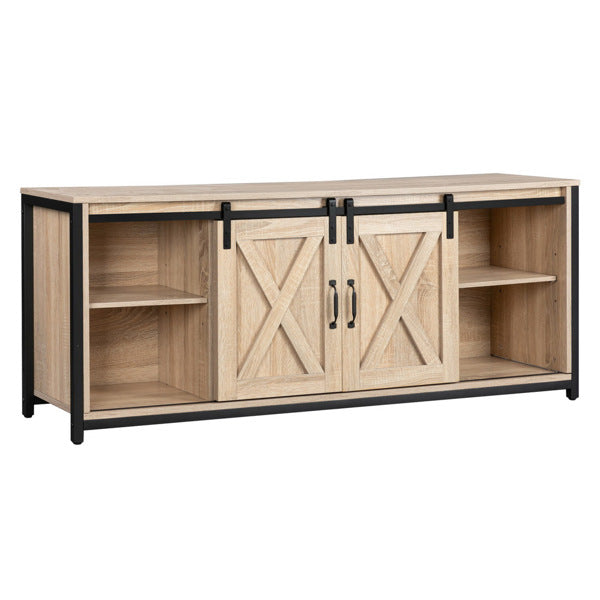 FCH 3-layer Double Barn Door with Sliding Rail X-shaped Panel TV Cabinet MDF