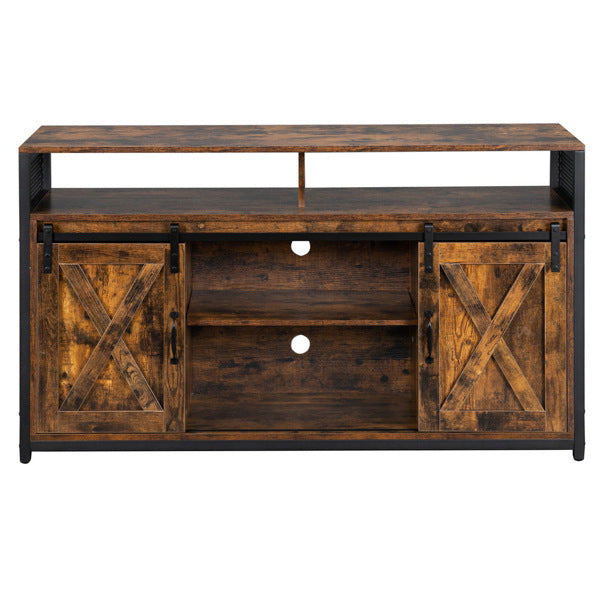 FCH 3-layer Double Barn Door with Sliding Rail X-shaped Panel TV Cabinet MDF