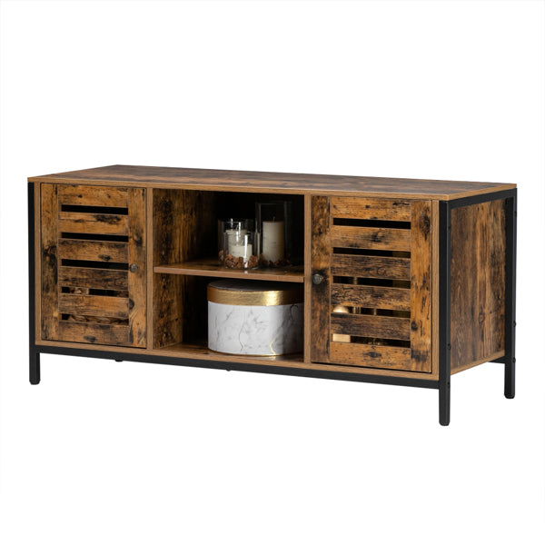 HODELY Retro Brown Industrial Style Indoor Living Room Louver Shape Double Door Double Shelf TV Cabinet