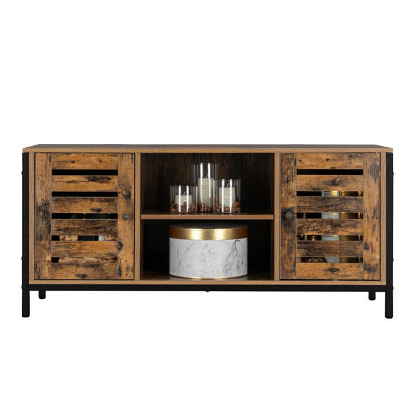 HODELY Retro Brown Industrial Style Indoor Living Room Louver Shape Double Door Double Shelf TV Cabinet
