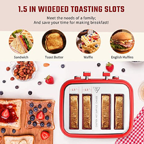Retro Stainless Steel Extra-Wide Slot Toaster, Bagel/Defrost/Cancel Function