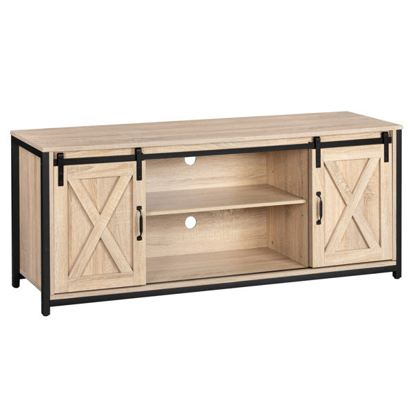 FCH 3-layer Double Barn Door with Sliding Rail X-shaped Panel TV Cabinet MDF