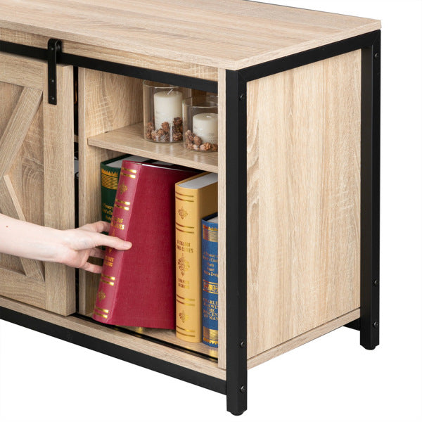 FCH 3-layer Double Barn Door with Sliding Rail X-shaped Panel TV Cabinet MDF