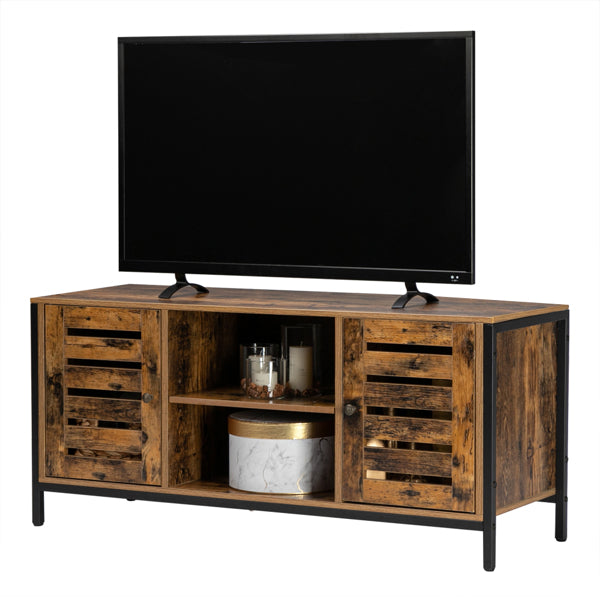 HODELY Retro Brown Industrial Style Indoor Living Room Louver Shape Double Door Double Shelf TV Cabinet