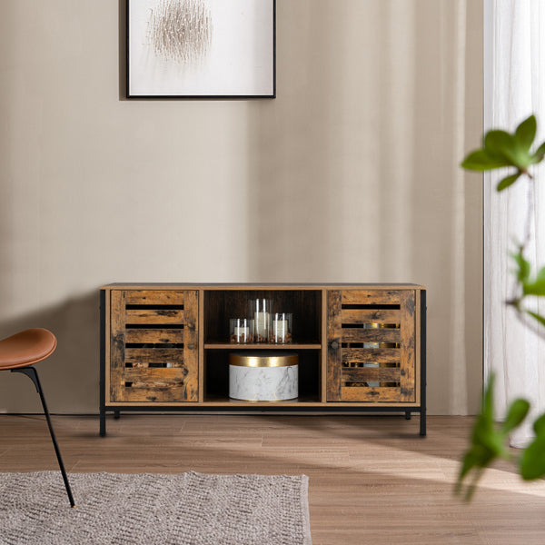 HODELY Retro Brown Industrial Style Indoor Living Room Louver Shape Double Door Double Shelf TV Cabinet