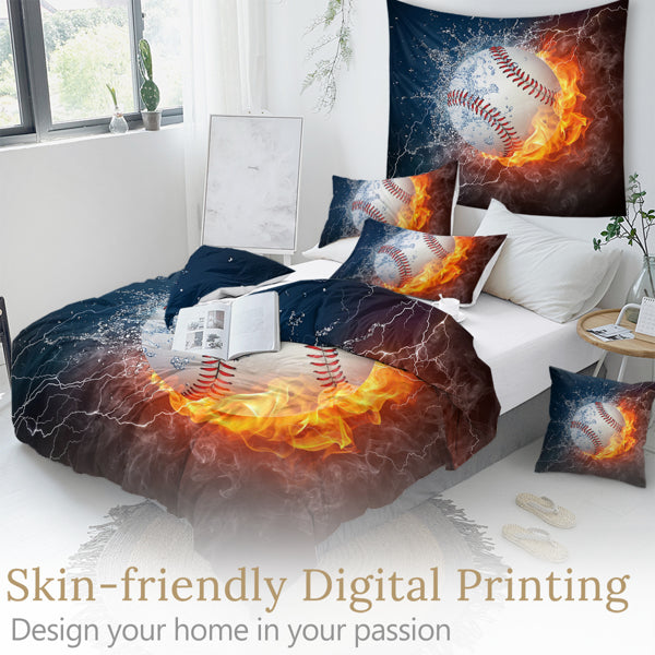 Ice and Fire Baseball Duvet Cover Sports Theme Bedding Cool Flames Teen Duvet Cover Ball Bedding Set