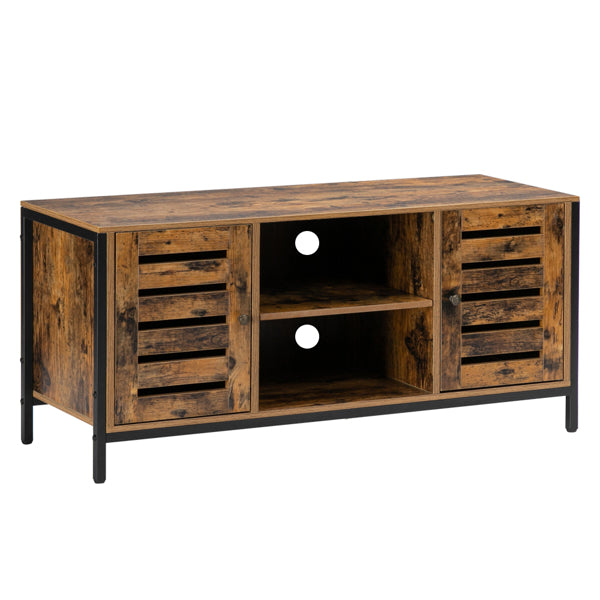 HODELY Retro Brown Industrial Style Indoor Living Room Louver Shape Double Door Double Shelf TV Cabinet