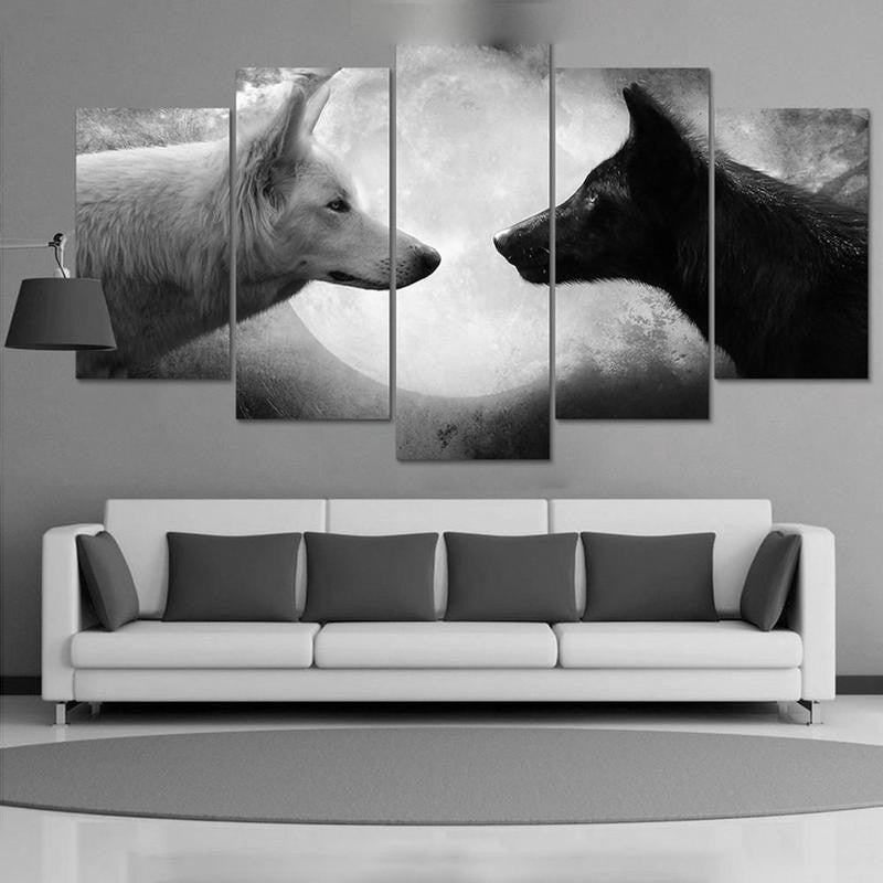 5Pcs Wall Art Canvas Black White Wolf Wall Art Picture