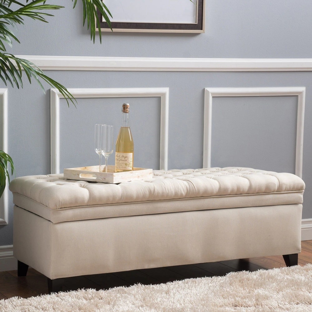 Storage Ottoman — Hastings Tufted Fabric Storage Bench — Beige