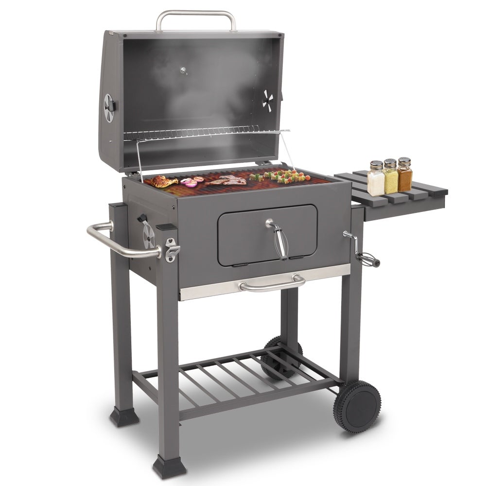 ZOKOP Square Oven Charcoal Grill — With Tray, Oven, Wheels, and Foldable Side — For Outdoor Cooking, Camping, Barbeque