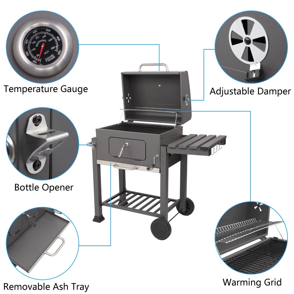 ZOKOP Square Oven Charcoal Grill — With Tray, Oven, Wheels, and Foldable Side — For Outdoor Cooking, Camping, Barbeque