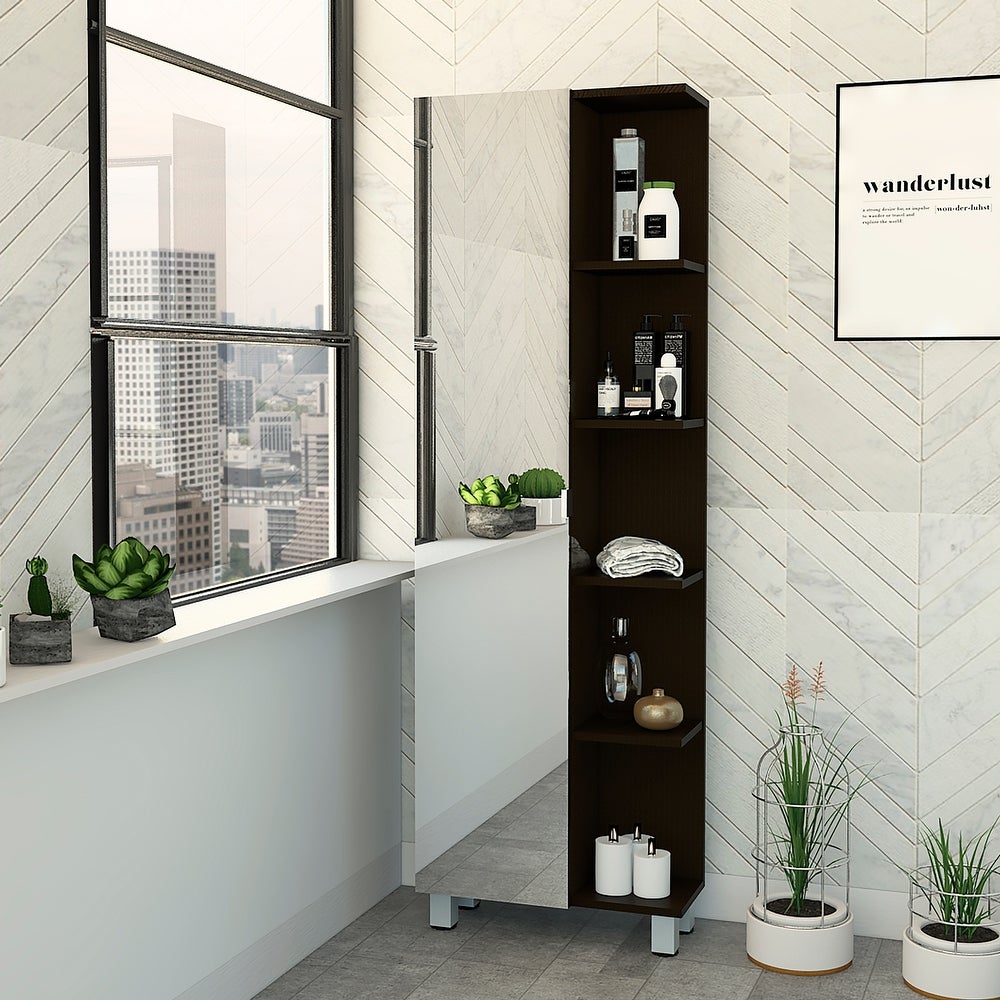 Bathroom Linen Bedroom Cabinet with Adjustable Shelves and Mirror