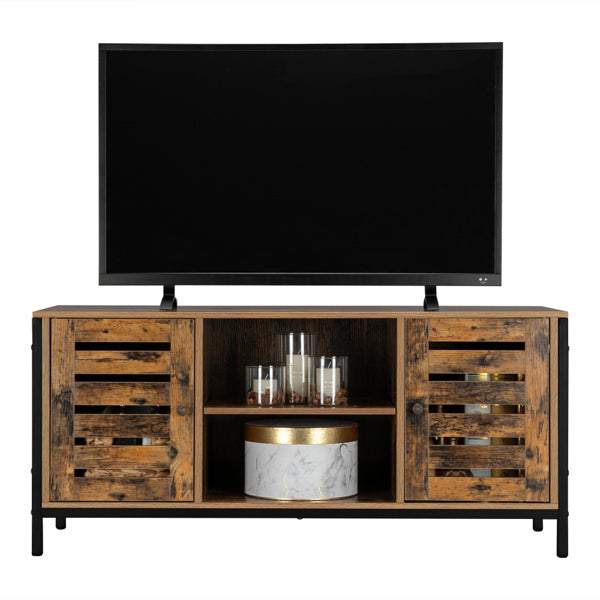 HODELY Retro Brown Industrial Style Indoor Living Room Louver Shape Double Door Double Shelf TV Cabinet