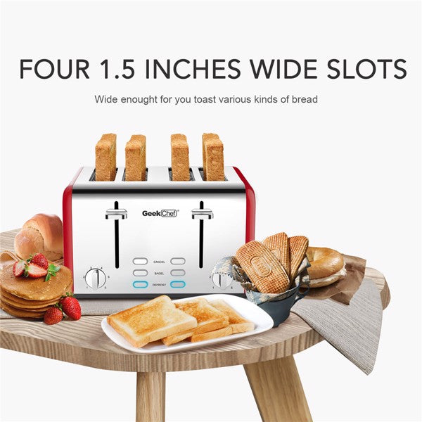 Stainless Steel Extra-Wide Slot Toaster with Dual Control Panels of Bagel/Defrost/Cancel Function, Silver-red