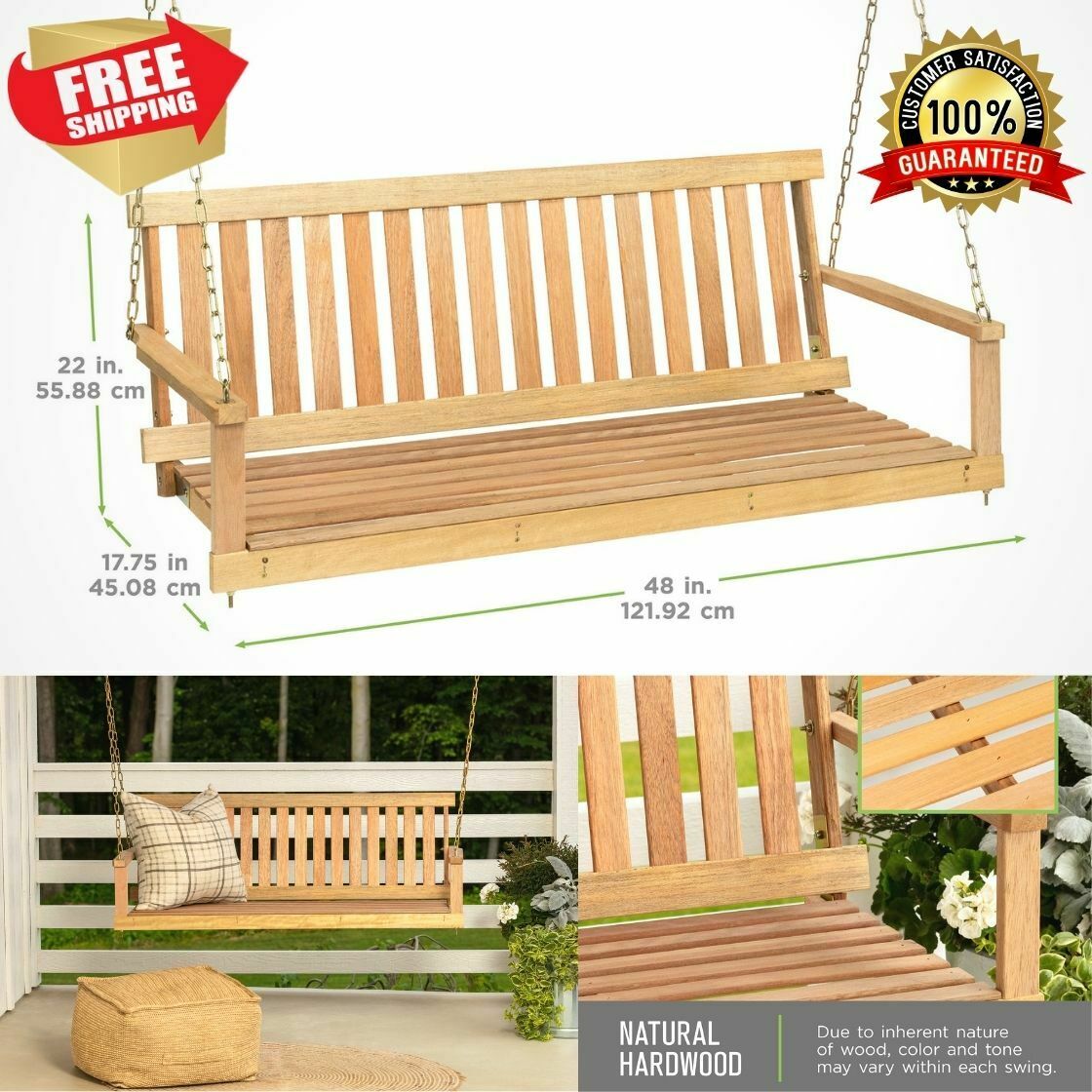 Porch Swing - 4ft Hardwood Porch Swing - Patio Yard Garden Bench Hanging Relaxation