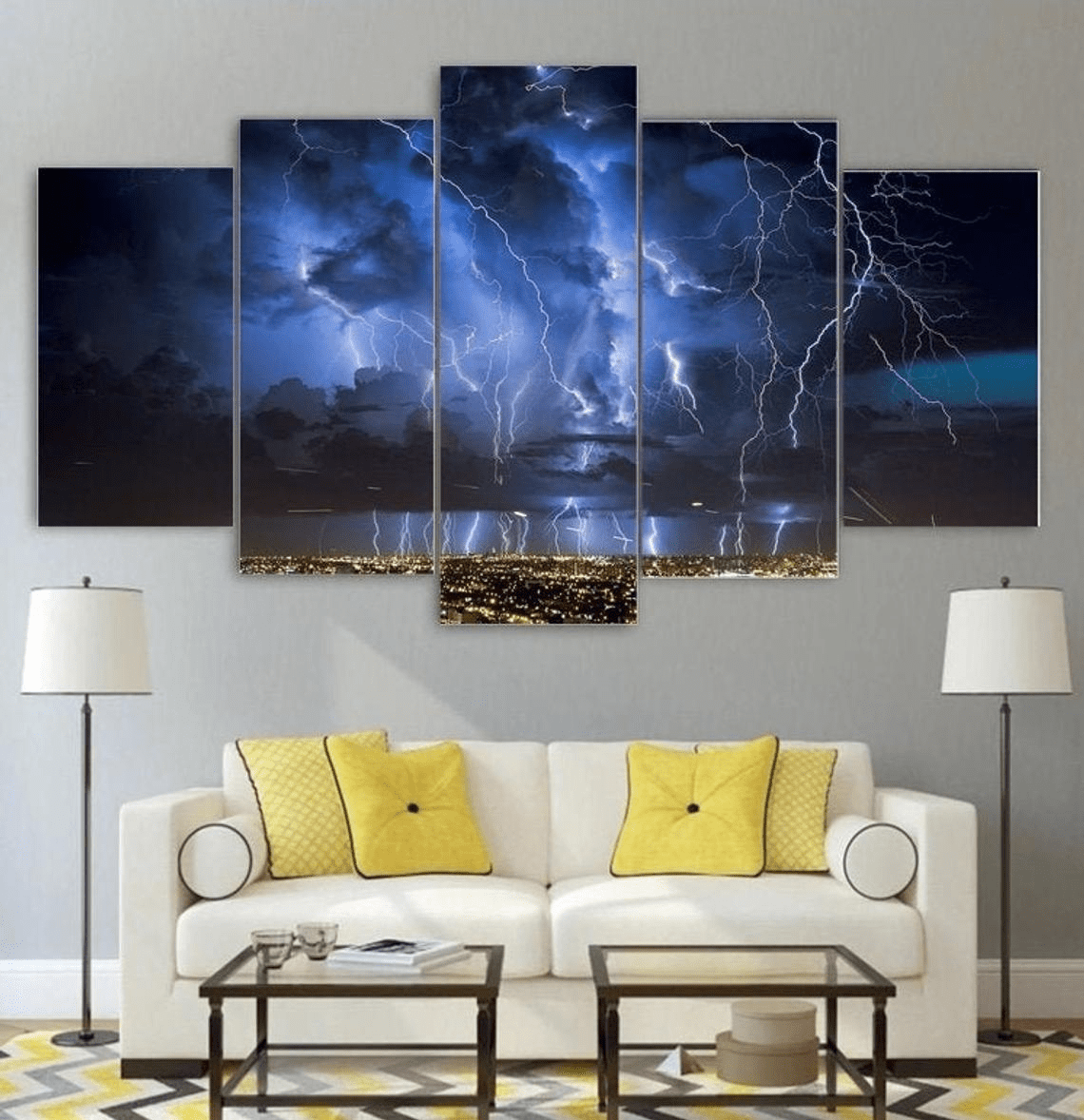 Thunder And Lightning Canvas - Thunder And Lightning Wall Art Framed - Storm Decor Framed - Night Landscape Gift Idea 5 Piece Poster